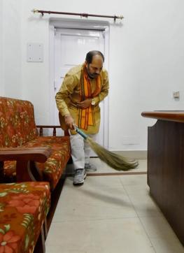 UP Minister Upendra Tiwari at his office in the state legislature. (PTI) UP Minister Upendra Tiwari at his office in the state legislature. (PTI)