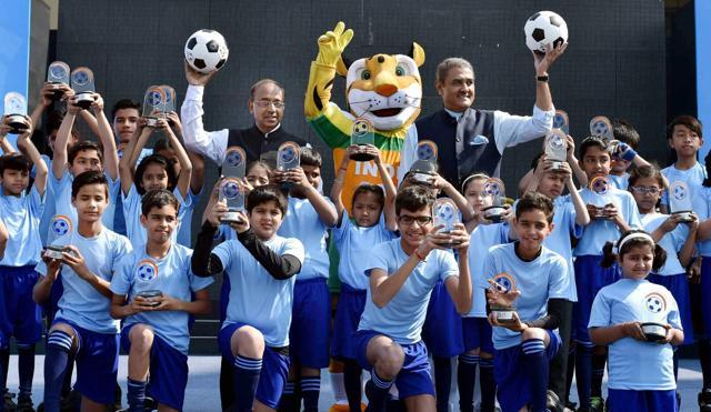 Sports minister Vijay Goel with All India Football Federation president Praful Patel during the launch of logo for FIFA Under-17 World Cup 2017 in New Delhi. (PTI) Sports minister Vijay Goel with All India Football Federation president Praful Patel during the launch of logo for FIFA Under-17 World Cup 2017 in New Delhi. (PTI)
