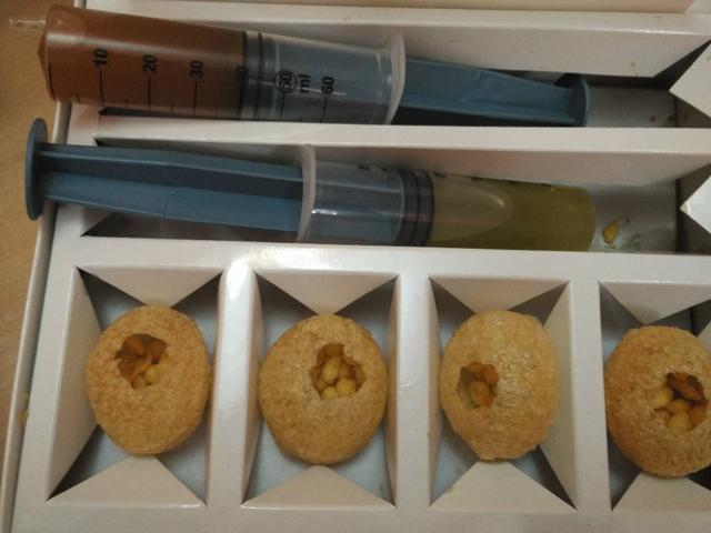 In an attempt to make the presentation of golgappas unique, the golpappa pani is served in a syringe.