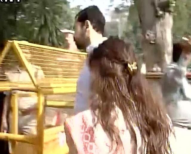 Aparna Yadav along with her husband Prateek Yadav outside Uttar Pradesh chief minister’s Yogi Adityanath’s residence in Lucknow on Friday. (ANI)