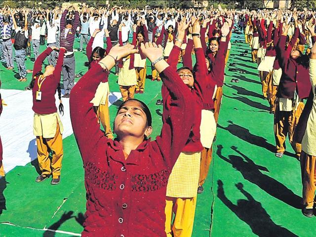 Education minister Vasudev Devnani says yoga in schools will bring positive change students’ health.” (HT file photo)