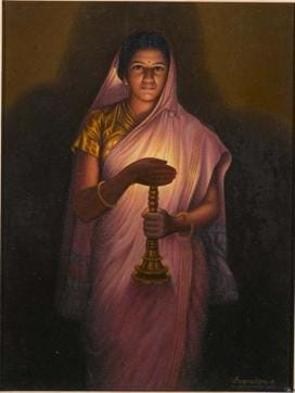 Lady with a Lamp, a stunning illustration of Ravi Varma’s gift for depicting light and shadow. Lady with a Lamp, a stunning illustration of Ravi Varma’s gift for depicting light and shadow.