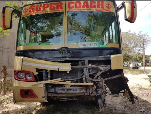 The car (PB03AJ 7536) coming from Ghunas entered the highway from the wrong side and collided head-on with the orbit company bus (PB50 3320). (HT Photo)