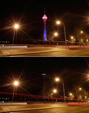 A combination photo shows a view of China Central Radio and Television Tower before (top) and during Earth Hour in Beijing on March 25. (REUTERS) A combination photo shows a view of China Central Radio and Television Tower before (top) and during Earth Hour in Beijing on March 25. (REUTERS)