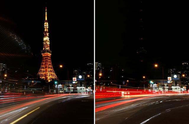A combination photo shows the Tokyo Tower before (L) and after its lights were switched off for Earth Hour in Tokyo, Japan on March 25. (REUTERS) A combination photo shows the Tokyo Tower before (L) and after its lights were switched off for Earth Hour in Tokyo, Japan on March 25. (REUTERS)