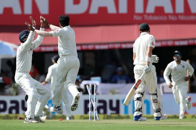 Umesh Yadav celebrates the wicket of Matt Renshaw during day one of the fourth test match between India and Australia in Dharamsala. (BCCI)
