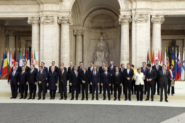 European Union heads of state pose for a group photo at the Cortile di Michelangelo in Rome on Saturday. (AP) European Union heads of state pose for a group photo at the Cortile di Michelangelo in Rome on Saturday. (AP)
