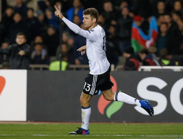 Germany's Thomas Muller reacts after scoring a goal against Azerbaijan. (REUTERS) Germany's Thomas Muller reacts after scoring a goal against Azerbaijan. (REUTERS)