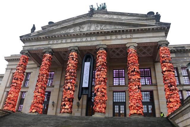 A political art installation with life vests on the refugee crisis by Weiwei at the Gedarnenmarkt in Berlin in 2016. (Shutterstock) A political art installation with life vests on the refugee crisis by Weiwei at the Gedarnenmarkt in Berlin in 2016. (Shutterstock)
