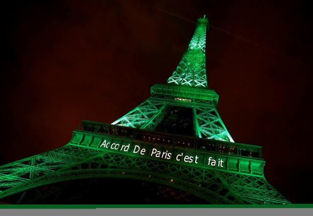 The Eiffel tower is illuminated in green with the words "Paris Agreement is Done", to celebrate the UN COP21 Climate Change agreement in Paris on November 4, 2016. (Reuters File)