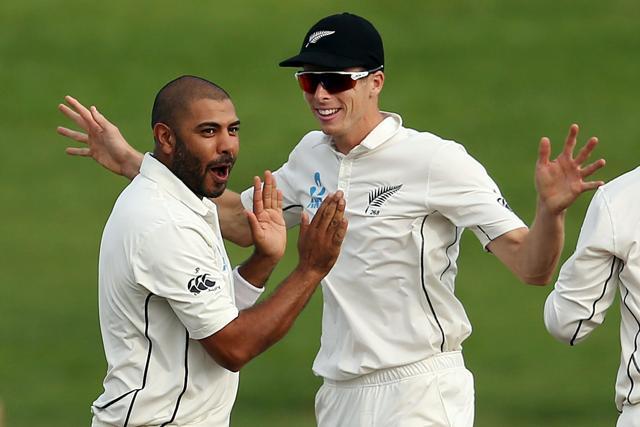 Jeetan Patel (L) and Mitchell Santner of New Zealand celebrate the wicket of Jean-Paul Duminy from South Africa during day four of the third Test cricket match between New Zealand and South Africa at Seddon Park in Hamilton on Tuesday. (AFP) Jeetan Patel (L) and Mitchell Santner of New Zealand celebrate the wicket of Jean-Paul Duminy from South Africa during day four of the third Test cricket match between New Zealand and South Africa at Seddon Park in Hamilton on Tuesday. (AFP)