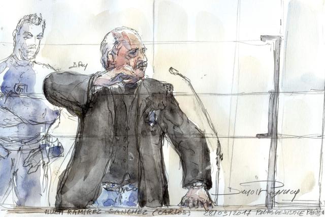 This courtroom sketch created in Paris on Tuesday shows Venezualian criminal Ilich Ramirez Sanchez, aka Carlos (C) during his trial for the deadly bombing at Publicis Paris shop more than 40 years ago. (AFP) This courtroom sketch created in Paris on Tuesday shows Venezualian criminal Ilich Ramirez Sanchez, aka Carlos (C) during his trial for the deadly bombing at Publicis Paris shop more than 40 years ago. (AFP)