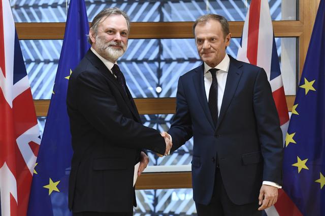 EU Council President Donald Tusk (right) with UK Permanent Representative to the EU Tim Barrow. (AP) EU Council President Donald Tusk (right) with UK Permanent Representative to the EU Tim Barrow. (AP)