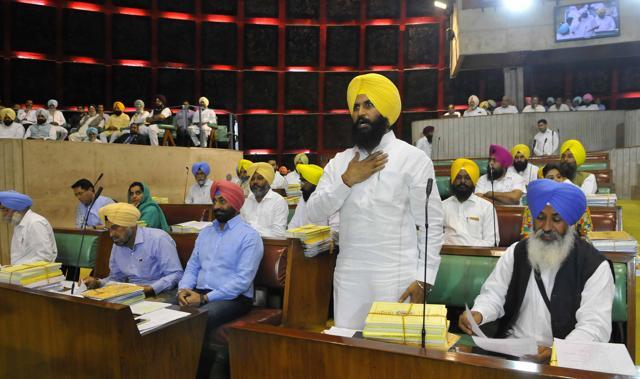 Simarjeet Singh Bains speaking in the Punjab Vidhan Sabha on Wednesday, March 29. (Keshav Singh/HT)