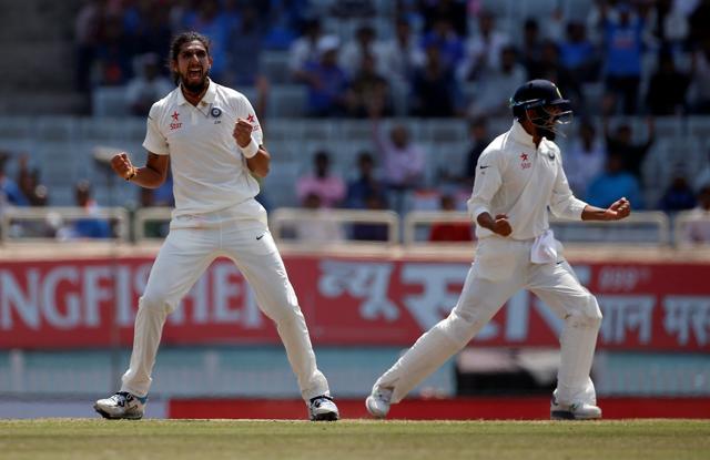 India's Ishant Sharma and Murali Vijay (R) celebrate the dismissal of Australia's Matt Renshaw. (REUTERS) India's Ishant Sharma and Murali Vijay (R) celebrate the dismissal of Australia's Matt Renshaw. (REUTERS)