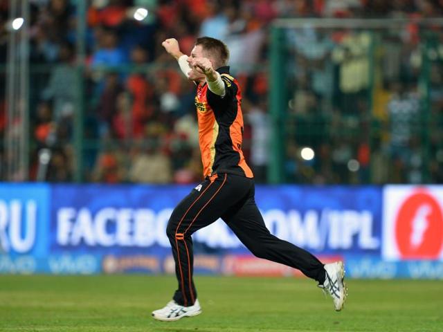 Warner rushes to celebrate after the last ball is bowled. (AFP)