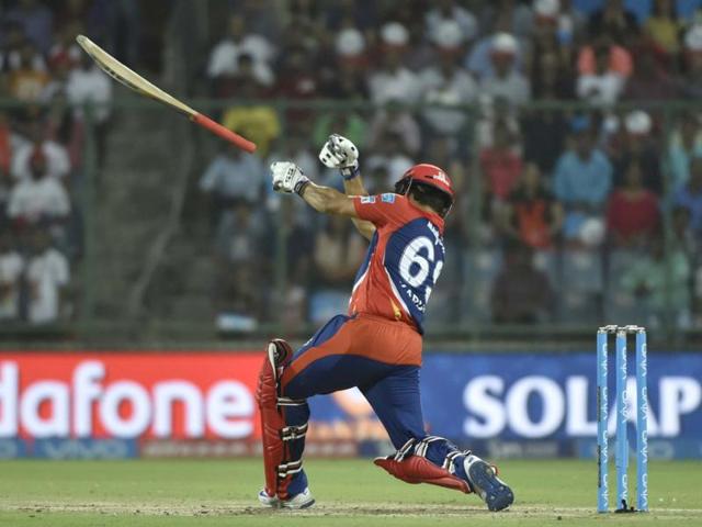 “Oops!” Delhi Daredevils player Karun Nair’s bat slips from his hands while batting against Rising Pune Supergiants at Ferozshah Kotla Stadium, New Delhi  on Thursday. (Vipin Kumar / HT Photo) 