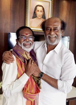 Veteran music director Gangai Amaran meets Tamil superstar Rajinikanth to seek his support at his residence in Chennai. (PTI)