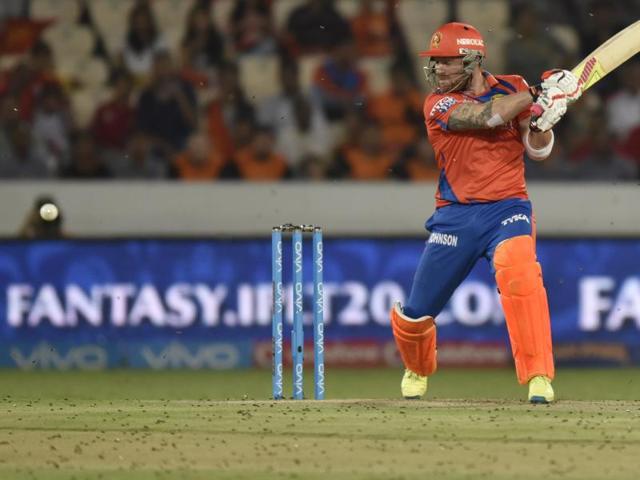 Gujarat Lions player Brendon McCullum sends the ball to the boundary during an IPL encounter against Sunrisers Hyderabad at Rajiv Gandhi International Cricket Stadium, Hyderabad on May 06, 2016.  (Virendra Singh Gosain/ HT Photo) 