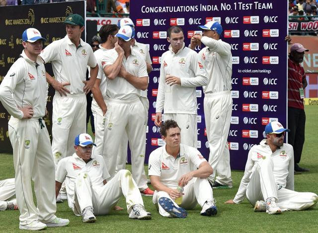 Australian skipper Steve Smith with other players before the awards presentation ceremony after the end of 4th and final Test match of India-Australia series at HPCA Stadium in Dharamsala on Tuesday. (PTI) Australian skipper Steve Smith with other players before the awards presentation ceremony after the end of 4th and final Test match of India-Australia series at HPCA Stadium in Dharamsala on Tuesday. (PTI)