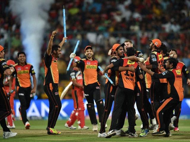 Sunrisers players rush to celebrate after their win. (PTI)