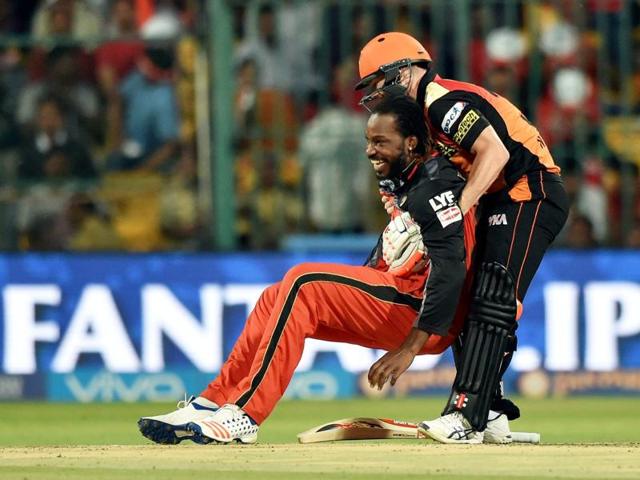 Warner helps Chris Gayle get back on his feet after the West Indian dived attempting to take a catch. (PTI)