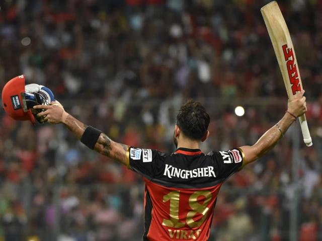 Virat Kohli celebrates his century against Kings XI Punjab during the IPL encounter at M Chinnaswamy Stadium in Bengaluru on  May 18, 2016. The RCB skipper has been in outstanding form this edition. (Ravi Choudhary/ HT Photo) 