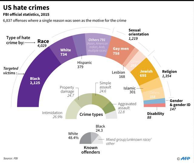 Graphic on US hate crimes, based on FBI data for 2015. (AFP)