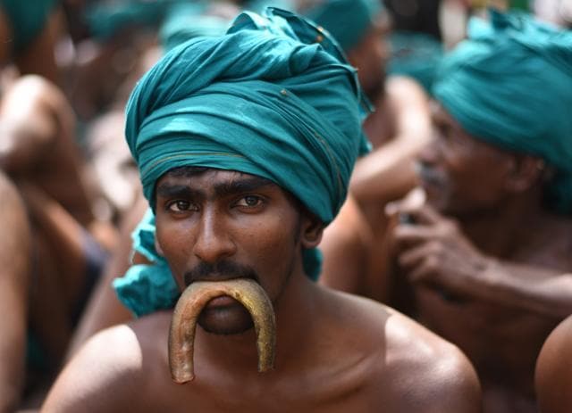 A protesting farmer from Tamil Nadu holds a snake in his mouth seeking aid from the governmentat Jantar Mantar on Wednesday. (Ravi Choudhary/HT PHOTO) A protesting farmer from Tamil Nadu holds a snake in his mouth seeking aid from the governmentat Jantar Mantar on Wednesday. (Ravi Choudhary/HT PHOTO)