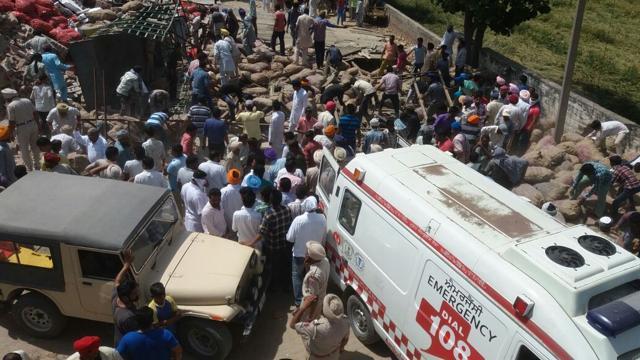 An ambulance at the spot as the rescue work is underway. (HT Photo) An ambulance at the spot as the rescue work is underway. (HT Photo)