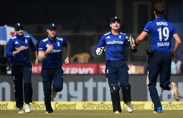 England's Chris Woakes (R), Jos Buttler (2R), Ben Stokes (2L) and Joe Root celebrate the dismissal of India's K.L. Rahul during the second One Day International in Cuttack on January 19, 2017. (AFP) England's Chris Woakes (R), Jos Buttler (2R), Ben Stokes (2L) and Joe Root celebrate the dismissal of India's K.L. Rahul during the second One Day International in Cuttack on January 19, 2017. (AFP)