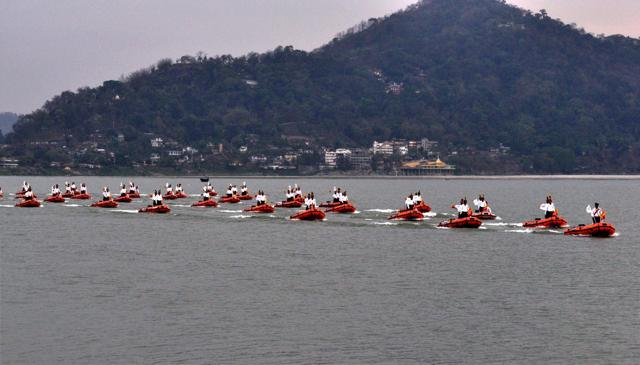 State Disaster Response Force personnel show their skills at the inaugural ceremony of Namami Brahmaputra festival in Guwahati on Friday. (PTI) State Disaster Response Force personnel show their skills at the inaugural ceremony of Namami Brahmaputra festival in Guwahati on Friday. (PTI)