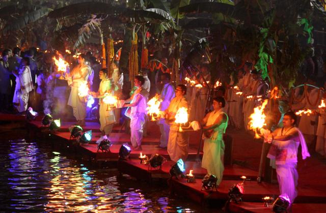 Priests offer prayers at the opening ceremony of the Namami Brahmaputra festival in Guwahati on Friday. (PTI) Priests offer prayers at the opening ceremony of the Namami Brahmaputra festival in Guwahati on Friday. (PTI)