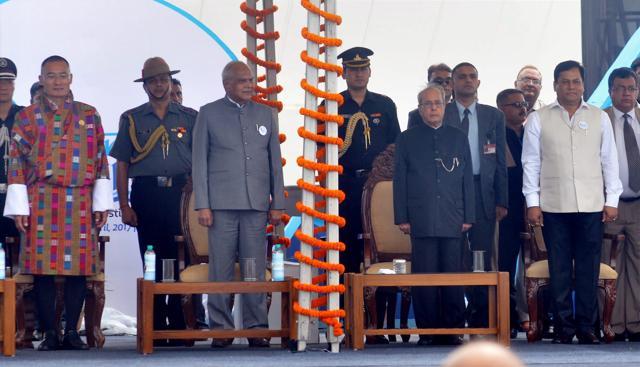 President Pranab Mukherjee with Assam chief minister Sarbananda Sonowal, governor Banwarilal Purohit and Bhutan Prime Minister Tsering Tobgay during inauguration of five-day 'Namami Brahmaputra' festival in Guwahati on Friday. (PTI Photo) President Pranab Mukherjee with Assam chief minister Sarbananda Sonowal, governor Banwarilal Purohit and Bhutan Prime Minister Tsering Tobgay during inauguration of five-day 'Namami Brahmaputra' festival in Guwahati on Friday. (PTI Photo)