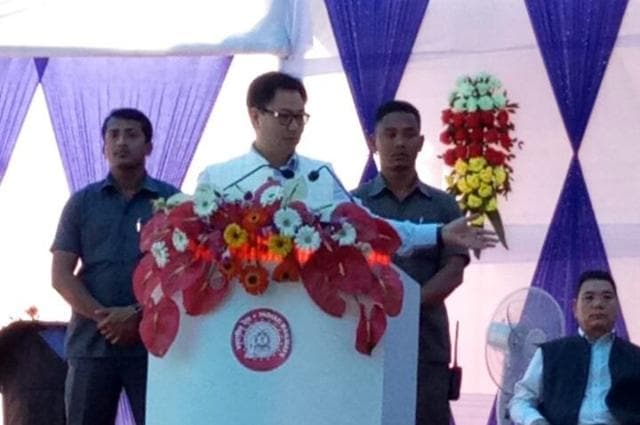 Minister of state for home affairs Kiren Rijiju at the event at Naharlagun railway station on Saturday. (HT Photo) Minister of state for home affairs Kiren Rijiju at the event at Naharlagun railway station on Saturday. (HT Photo)