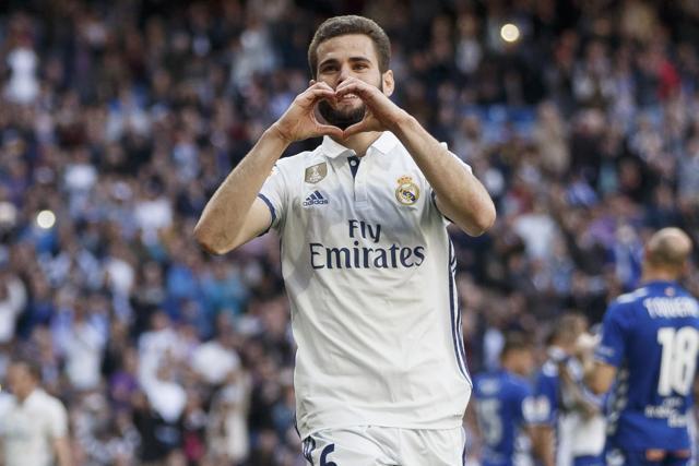 Real Madrid's Nacho celebrates his goal against Deportivo Alaves. (AP)