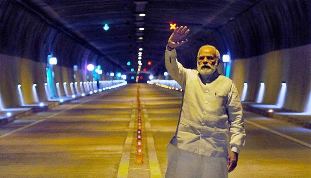 Prime Minister Narendra Modi inside the Chenani-Nashri Tunnel, in Jammu and Kashmir on Sunday. (PTI Photo) Prime Minister Narendra Modi inside the Chenani-Nashri Tunnel, in Jammu and Kashmir on Sunday. (PTI Photo)