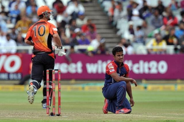 Pawan Negi reacts during a Champions League T20 between the Perth Scorchers (Australia) and Delhi Daredevils (India) at Newlands Cricket Stadium in Cape Town on October 21, 2012. (AFP/Getty Images) Pawan Negi reacts during a Champions League T20 between the Perth Scorchers (Australia) and Delhi Daredevils (India) at Newlands Cricket Stadium in Cape Town on October 21, 2012. (AFP/Getty Images)
