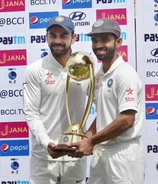 Virat Kohli and Ajinkya Rahane hold the Border Gavaskar Trophy after winning the Test series against Australia in Dharamsala. (PTI) Virat Kohli and Ajinkya Rahane hold the Border Gavaskar Trophy after winning the Test series against Australia in Dharamsala. (PTI)
