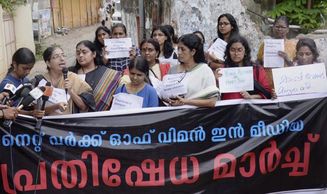 Woman journalists protest against Mangalam TV in Thiruvanathapuram over the telecast of the audio clip.  (PTI)