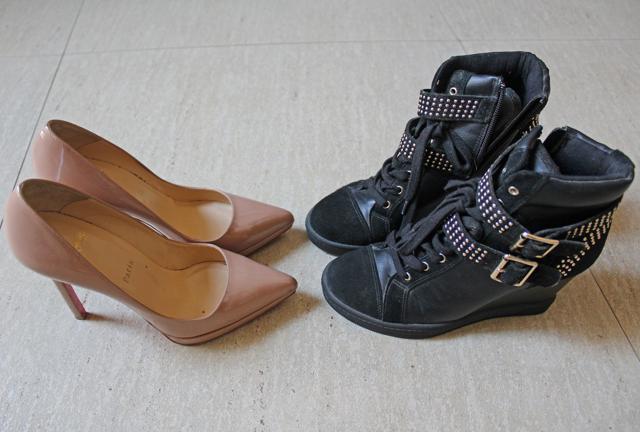 (From left) A pair of Christian Louboutin heels from her collection; Black Aldo high tops (Satyabrata Tripathy/HT Photo)