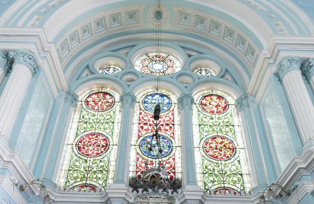 The stained glass at the synagogue features flora and fauna native to the Indian subcontinent (Aalok Soni/ HT Photo) The stained glass at the synagogue features flora and fauna native to the Indian subcontinent (Aalok Soni/ HT Photo)