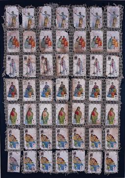 Cigarette boxes came with collectible cards, featuring landscapes, objects or exotic Oriential beauties like these. Many people saved them in albums. These, collected in the 1990s from a Parsi family were sewn with ornate lacework to make a curtain.