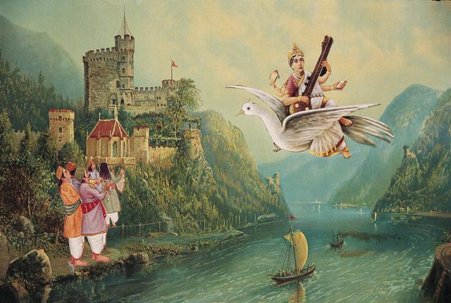 The gods could not possibly inhabit the mortal world of Indians, so artists painted foreign fantasies – Alpine slopes, cloudy heavens, European landscapes and mythological forests. Here, Saraswati is featured at Germany’s Rheinstein Castle.