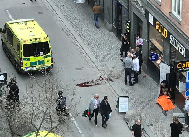 Ambulance on a street in central Stockholm where a truck was driven into a crowd. (REUTERS) Ambulance on a street in central Stockholm where a truck was driven into a crowd. (REUTERS)