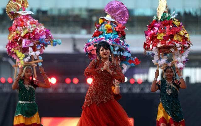Singer Bhoomi Trivedi performs before the start of the Indian Premier League match between Gujarat Lions and Kolkata Knight Riders in Rajkot on Friday. (BCCI)