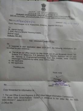 The RTI response reached Ashok Sarkar on Friday. He is planning to write to the speaker of the West Bengal Legislative Assembly seeking expulsion of Ghosh. (HT Photo) The RTI response reached Ashok Sarkar on Friday. He is planning to write to the speaker of the West Bengal Legislative Assembly seeking expulsion of Ghosh. (HT Photo)