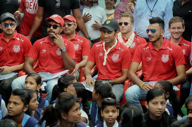 Kings XI Punjab players David Miller, Virendra Sahwah, Varun Aron and others inaugurate toilets at a government school under Swachh Bharat mission in Indore on Monday. (PTI) Kings XI Punjab players David Miller, Virendra Sahwah, Varun Aron and others inaugurate toilets at a government school under Swachh Bharat mission in Indore on Monday. (PTI)