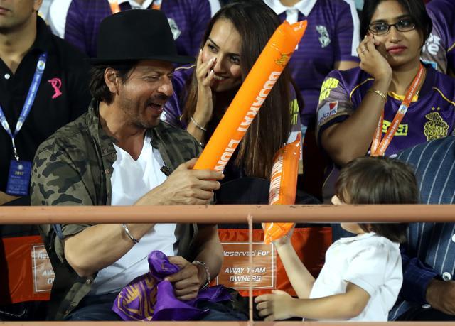 Shah Rukh Khan and son AbRam at the Saurashtra Cricket Association Stadium in Rajkot on Thursday. (BCCI )