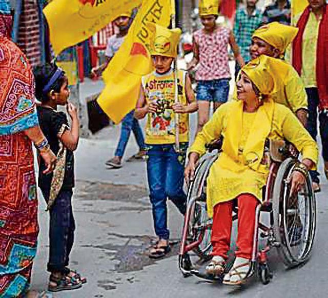 New Delhi, India - April 8, 2017: Swaraj India Party candidate and Para-Athelete & National Award Winner Suvarna Raj during the municipal election (MCD) campaign at Balbirnagar, Shahdara in New Delhi, India, on Saturday, April 8, 2017. (Photo by Ravi Choudhary/ Hindustan Times) (Ravi Choudhary/HT PHOTO) New Delhi, India - April 8, 2017: Swaraj India Party candidate and Para-Athelete & National Award Winner Suvarna Raj during the municipal election (MCD) campaign at Balbirnagar, Shahdara in New Delhi, India, on Saturday, April 8, 2017. (Photo by Ravi Choudhary/ Hindustan Times) (Ravi Choudhary/HT PHOTO)